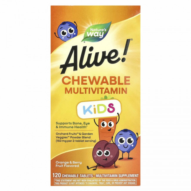 Nature's Way, Alive! комплекс мультивитаминов для детей, со вкусом апельсина и ягод, 120 жевательных таблеток Nature's Way, Alive! комплекс мультивитаминов для детей, со вкусом апельсина и ягод, 120 жевательных таблеток