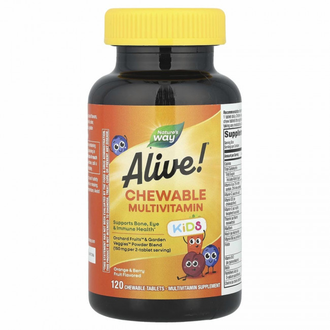 Nature's Way, Alive! комплекс мультивитаминов для детей, со вкусом апельсина и ягод, 120 жевательных таблеток Nature's Way, Alive! комплекс мультивитаминов для детей, со вкусом апельсина и ягод, 120 жевательных таблеток