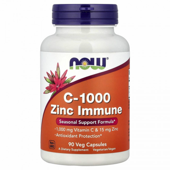 NOW Foods, C-1000 с цинком для укрепления иммунитета, витамин C, 1000 мг и цинк, 15 мг, 90 вегетарианских капсул
