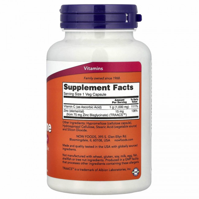 NOW Foods, C-1000 с цинком для укрепления иммунитета, витамин C, 1000 мг и цинк, 15 мг, 90 вегетарианских капсул