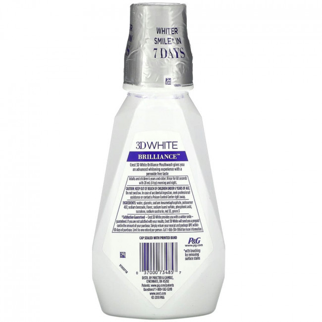 Crest, 3D White Brilliance, отбеливающий ополаскиватель для рта, без спирта, чистая мята, 500 мл (16,9 жидких унций) Crest, 3D White Brilliance, отбеливающий ополаскиватель для рта, без спирта, чистая мята, 500 мл (16,9 жидких унций)