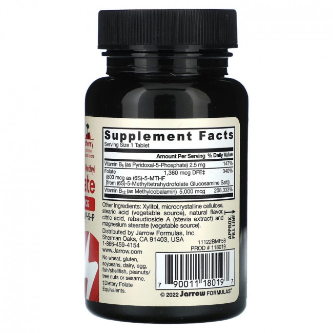 Jarrow Formulas, метил B12 и метилфолат, со вкусом вишни, 5000 мкг/800 мкг, 60 жевательных таблеток