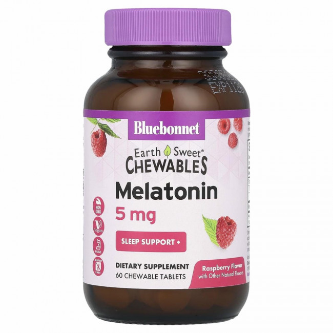 Bluebonnet Nutrition, Earth Sweet Chewables, мелатонин, малина, 5 мг, 60 жевательных таблеток Bluebonnet Nutrition, Earth Sweet Chewables, мелатонин, малина, 5 мг, 60 жевательных таблеток