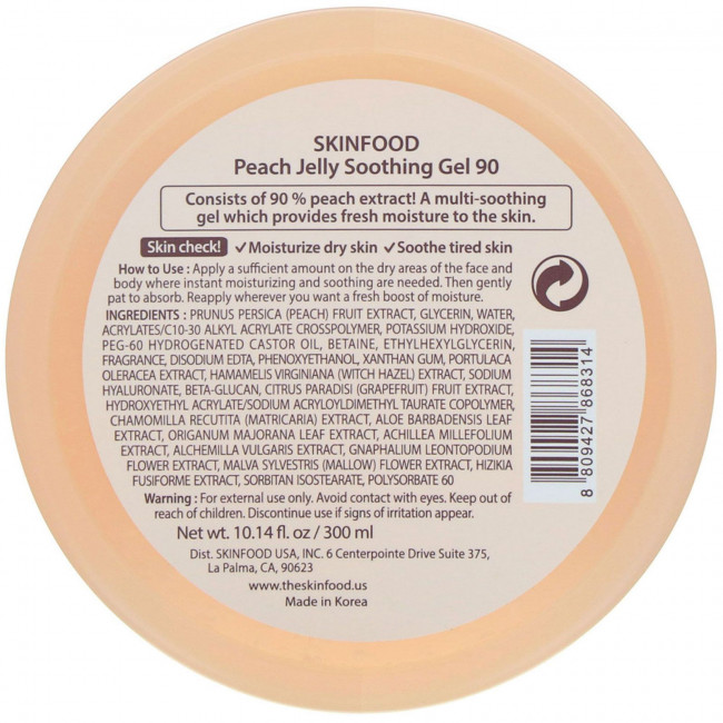 Skinfood, Peach Jelly, успокаивающий гель (персиковое желе) 90, 300 мл (10,14 жидк. унций) Skinfood, Peach Jelly, успокаивающий гель (персиковое желе) 90, 300 мл (10,14 жидк. унций)