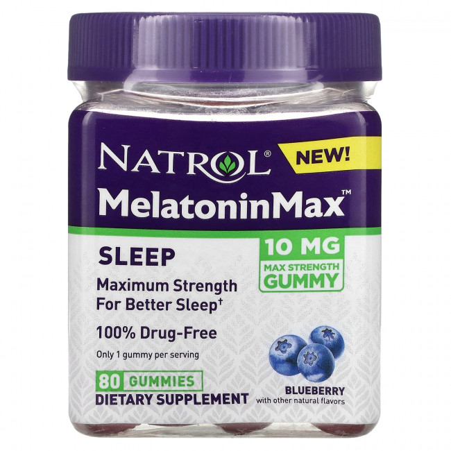 Natrol, Melatonin Max, для сна, голубика, 10 мг, 80 жевательных таблеток Natrol, Melatonin Max, для сна, голубика, 10 мг, 80 жевательных таблеток