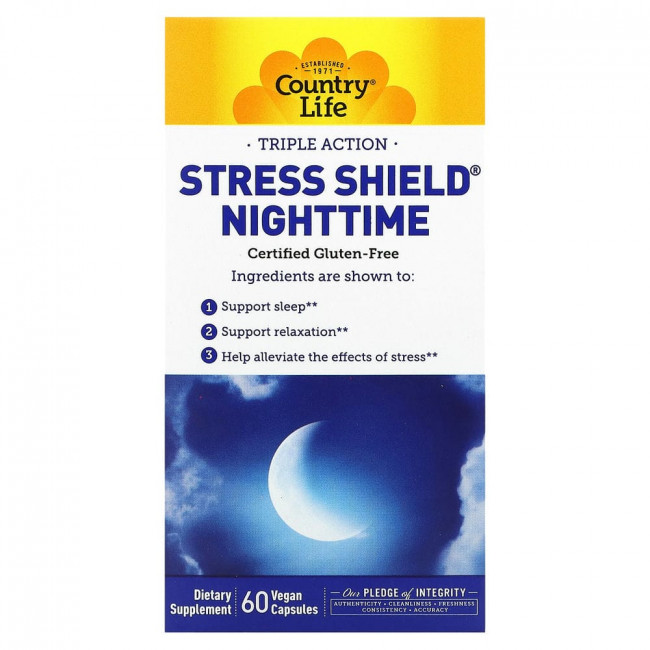 Country Life, Stress Shield Nighttime, тройного действия, 60 веганских капсул Country Life, Stress Shield Nighttime, тройного действия, 60 веганских капсул