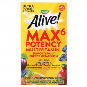 Nature's Way, Alive! Max6 Potency, мультивитамины повышенной эффективности, без добавления железа, 90 капсул