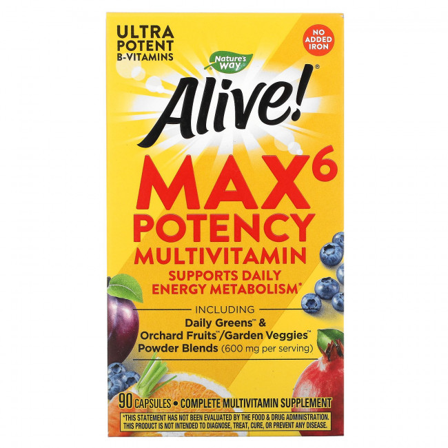 Nature's Way, Alive! Max6 Potency, мультивитамины повышенной эффективности, без добавления железа, 90 капсул Nature's Way, Alive! Max6 Potency, мультивитамины повышенной эффективности, без добавления железа, 90 капсул