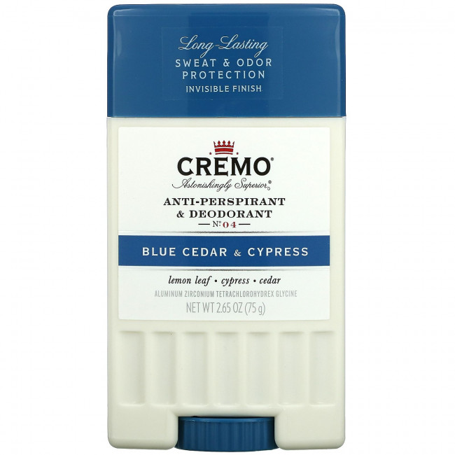 Cremo, Дезодорант и антиперспирант, № 04, голубой кедр и кипарис, 75 г (2,65 унции) Cremo, Дезодорант и антиперспирант, № 04, голубой кедр и кипарис, 75 г (2,65 унции)