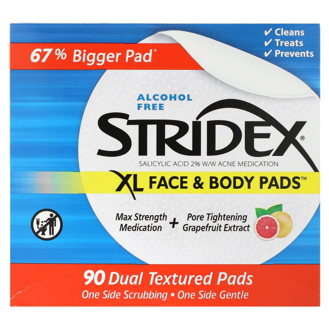 Stridex, XL, прокладки для лица и тела, без спирта, 90 прокладок с двойной текстурой Stridex, XL, прокладки для лица и тела, без спирта, 90 прокладок с двойной текстурой