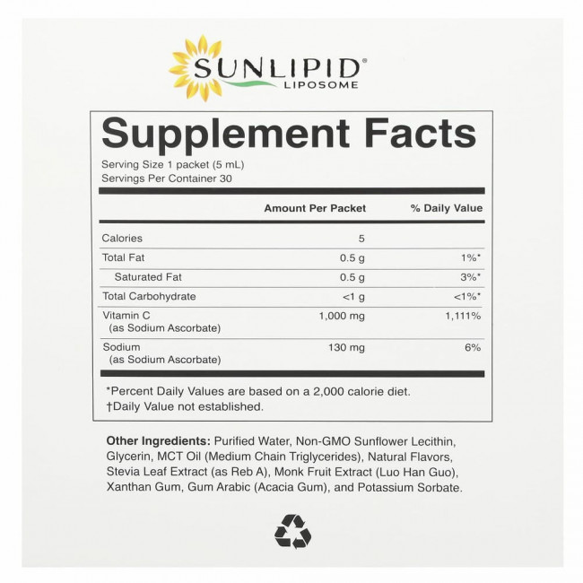 SunLipid, липосомальный витамин C, с натуральными ароматизаторами, 30 пакетиков по 5,0 мл (0,17 унции)