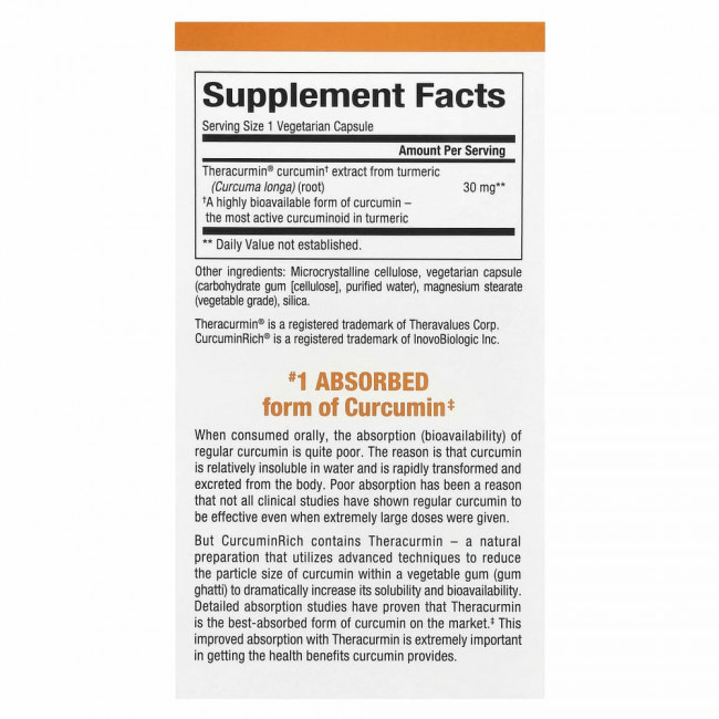 Natural Factors, CurcuminRich, Theracurmin, куркумин, 120 растительных капсул Natural Factors, CurcuminRich, Theracurmin, куркумин, 120 растительных капсул