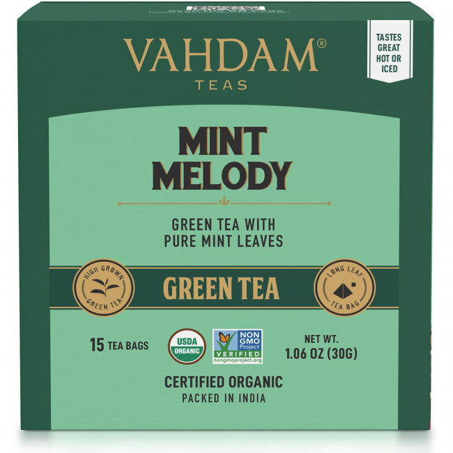 Vahdam Teas, зеленый чай, мелодия мяты, 15 чайных пакетиков, 30 г (1,06 унции) Vahdam Teas, зеленый чай, мелодия мяты, 15 чайных пакетиков, 30 г (1,06 унции)