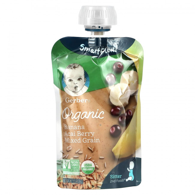 Gerber, Smart Flow, органический банан, ягоды асаи, смесь злаков, 6 пакетиков по 99 г (3,5 унции) Gerber, Smart Flow, органический банан, ягоды асаи, смесь злаков, 6 пакетиков по 99 г (3,5 унции)