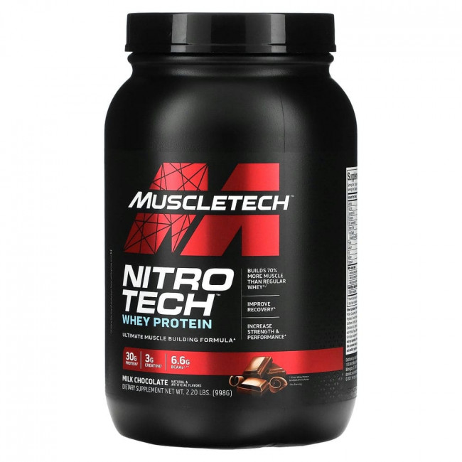 Muscletech, серия Performance, Nitro Tech, основной источник сывороточных пептидов и изолята, вкус молочного шоколада, 998 г (2,20 фунта) Muscletech, серия Performance, Nitro Tech, основной источник сывороточных пептидов и изолята, вкус молочного шоколада, 998 г (2,20 фунта)