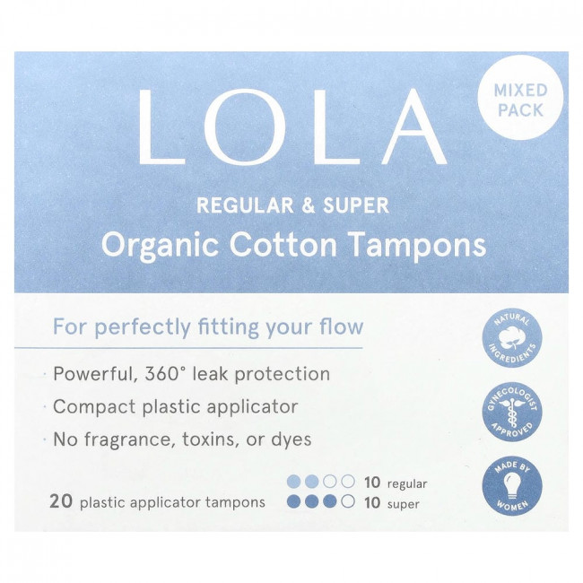 Тампоны Lola из органического хлопка с пластиковыми аппликаторами, обычные и супер-размеры, 20 штук.