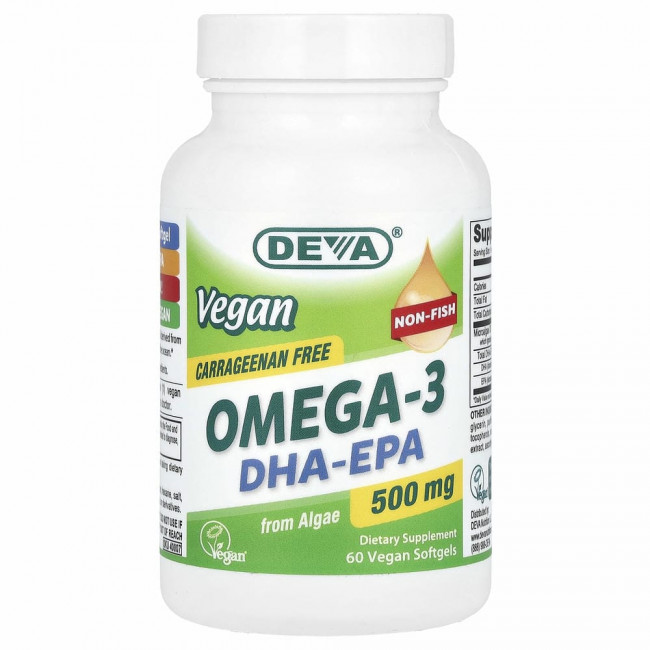 Deva, Веганские омега-3 DHA-EPA, 500 мг, 60 веганских мягких таблеток