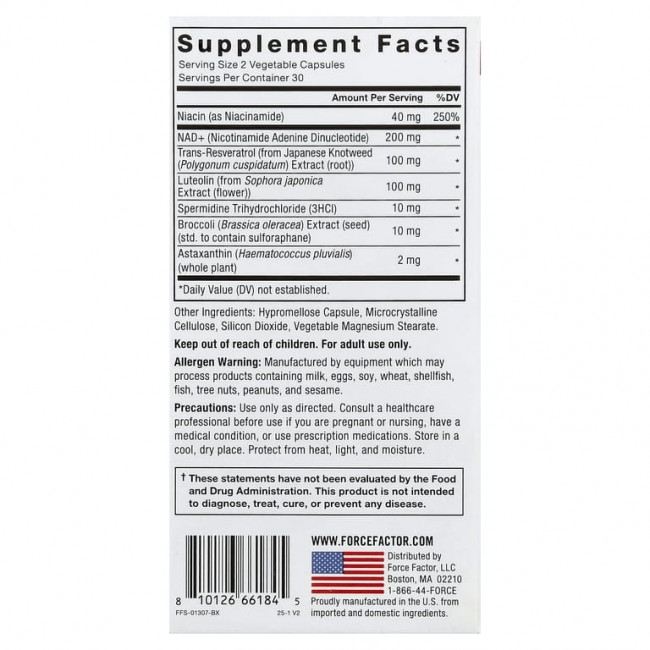 Force Factor, NAD + Longevity Nutrient Complex, 60 растительных капсул