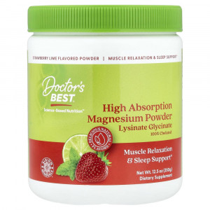 Doctor's Best, высокоусвояемый магниевый порошок со вкусом клубники и лайма, 350 г (12,5 унций)