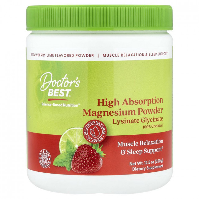 Doctor's Best, высокоусвояемый магниевый порошок со вкусом клубники и лайма, 350 г (12,5 унций)