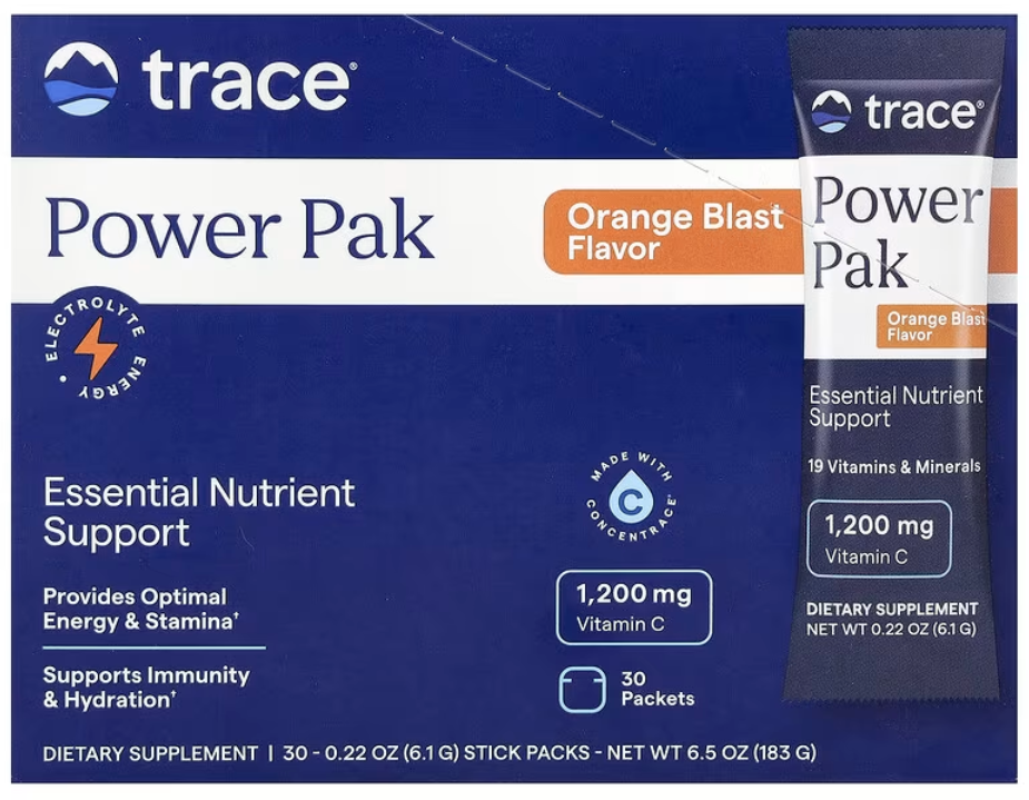 Trace Minerals ®, PowerPak,электролит для повышения выносливости, со вкусом апельсина, 30 пакетиков по 4,8 г (0,17 унции)