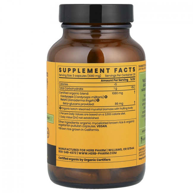 Herb Pharm, Mushroom Wellness™, Кордицепс, Смесь с рейши, 90 вегетарианских капсул Herb Pharm, Mushroom Wellness™, Кордицепс, Смесь с рейши, 90 вегетарианских капсул