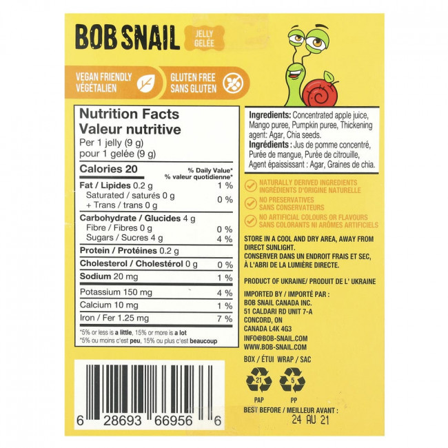 Bob Snail, Fruit Jelly, Apple-Mango-Pumpkin-Chia, 10 Count, 9 g Each