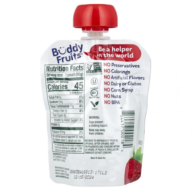 Buddy Fruits, фруктовая смесь, клубника и яблоко, 90 г (3,2 унции)