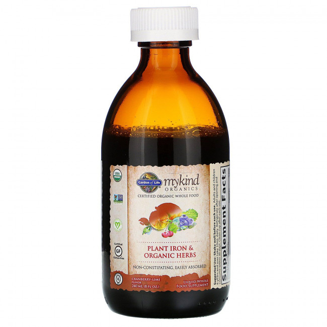 Garden of Life, MyKind Organics, железо из растительных соединений и органические травы, жидкая добавка со вкусом клюквы и лимона, 240 мл (8 жидк. унций)