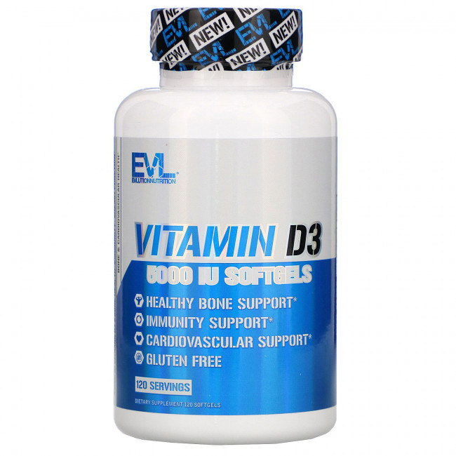 EVLution Nutrition, Витамин D3, 5000 МЕ, 120 мягких таблеток EVLution Nutrition, Витамин D3, 5000 МЕ, 120 мягких таблеток