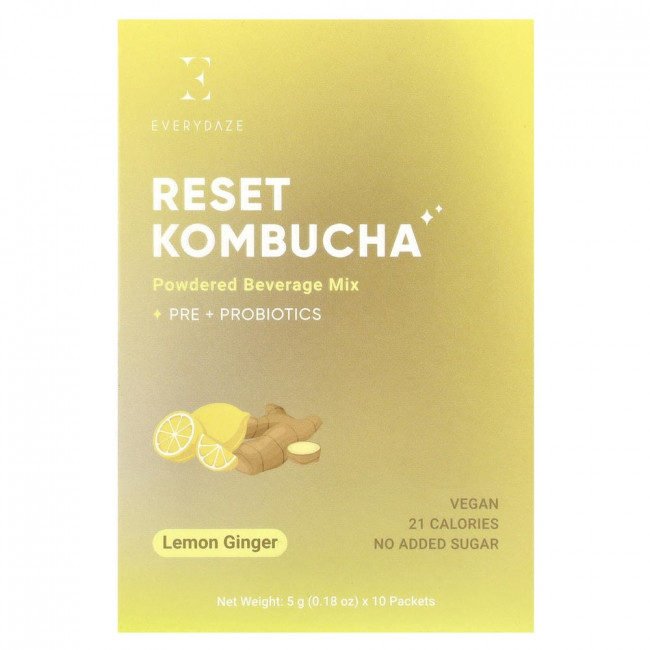 Everydaze, Reset Kombucha, порошковая смесь для напитка, лимонно-имбирный вкус, 10 пакетиков по 5 г каждый.