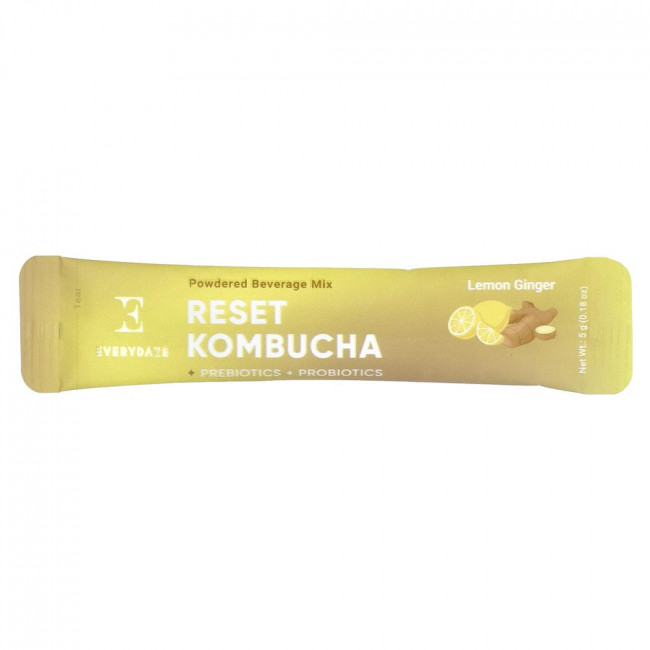 Everydaze, Reset Kombucha, порошковая смесь для напитка, лимонно-имбирный вкус, 10 пакетиков по 5 г каждый.