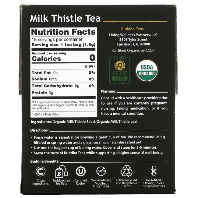 Buddha Teas, Organic Herbal Tea, расторопша, 18 чайных пакетиков, 27 г (0,95 унции)