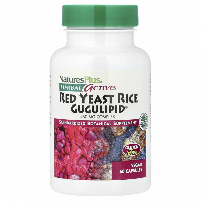 NaturesPlus, Herbal Actives, красный дрожжевой рис и гугулипид, 450 мг, 60 веганских капсул