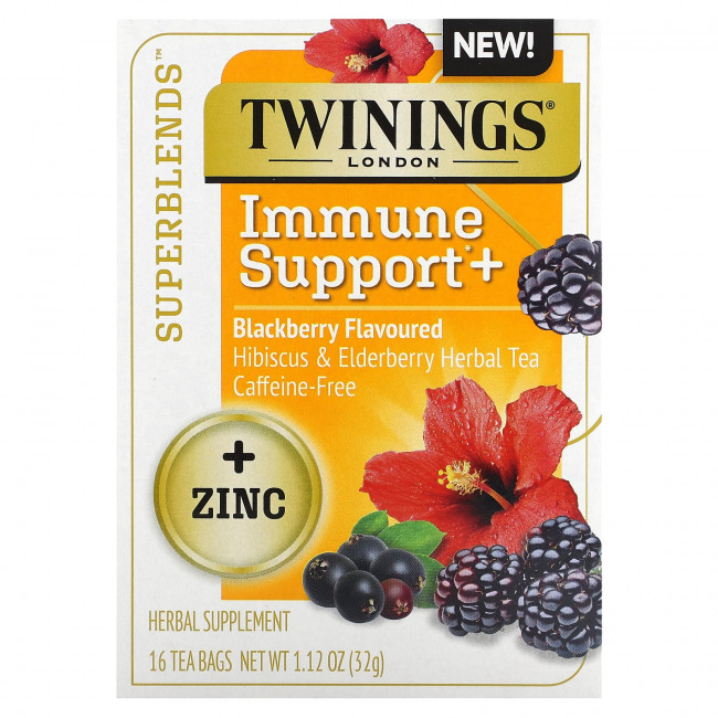 Twinings, Superblends, Immune Support, травяной чай из гибискуса и бузины, ежевика, без кофеина, 16 чайных пакетиков, 32 г (1,12 унции)