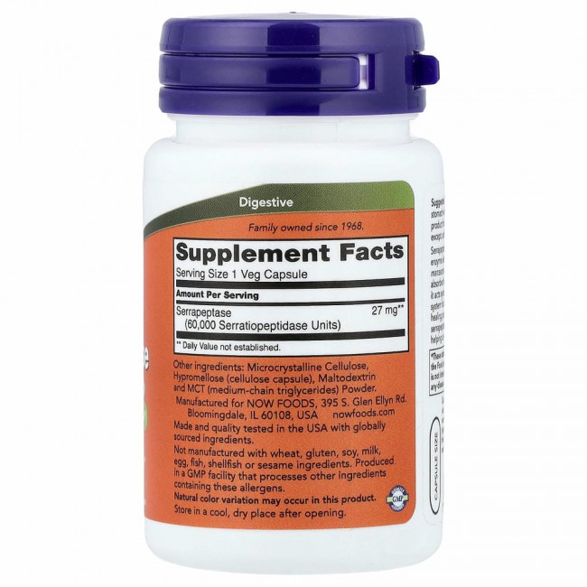 NOW Foods, серрапептаза, 60 растительных капсул