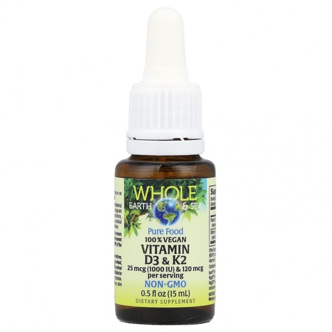 Natural Factors, Whole Earth Sea®, 100% веганские витамины D3 и K2, 15 мл (0,5 жидк. унц.)