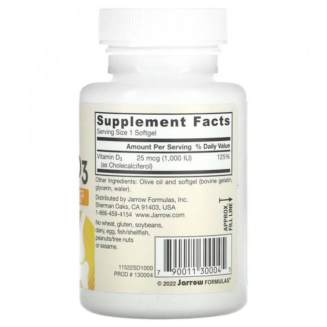 Jarrow Formulas, витамин D3, холекальциферол, 25 мкг (1000 МЕ), 200 мягких таблеток