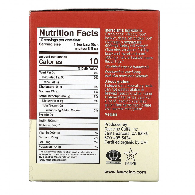 Teeccino, Mushroom Herbal Tea, Turkey Tail Astragalus, 10 Tea Bags, 2.12 oz (60 g) Teeccino, Mushroom Herbal Tea, Turkey Tail Astragalus, 10 Tea Bags, 2.12 oz (60 g)