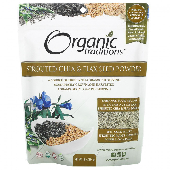 Organic Traditions, Порошок из проросших семян чиа и льна, 16 унций (454 г) Organic Traditions, Порошок из проросших семян чиа и льна, 16 унций (454 г)