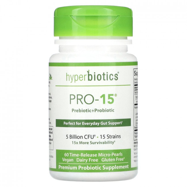 Hyperbiotics, PRO-15, идеальный пробиотик, 5 млрд КОЕ, 60 запатентованных микрогранул с замедленным высвобождением