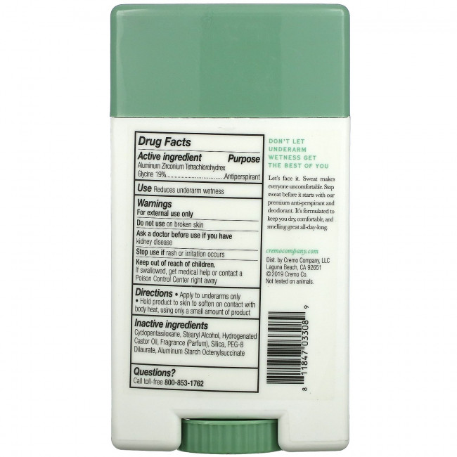 Cremo, Антиперспирант и дезодорант, № 10, серебристая вода и береза, 75 г (2,65 унции)