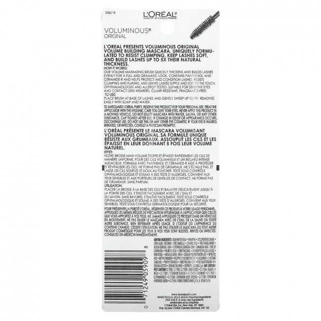 L'Oreal, Тушь для ресниц Voluminous Original, угольно-черная 310, 8 мл