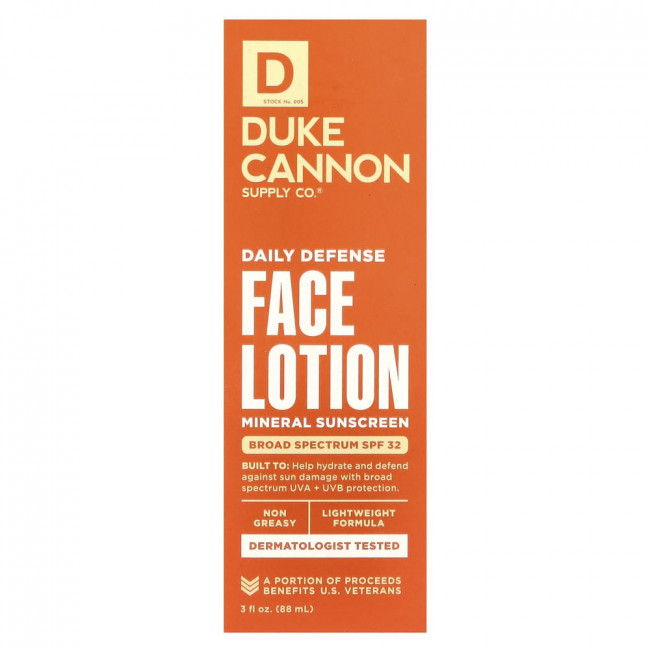 Duke Cannon Supply Co., Daily Defense Face Lotion, Mineral Sunscreen, SPF 32, Light Citrus, 3 fl oz (88 ml)