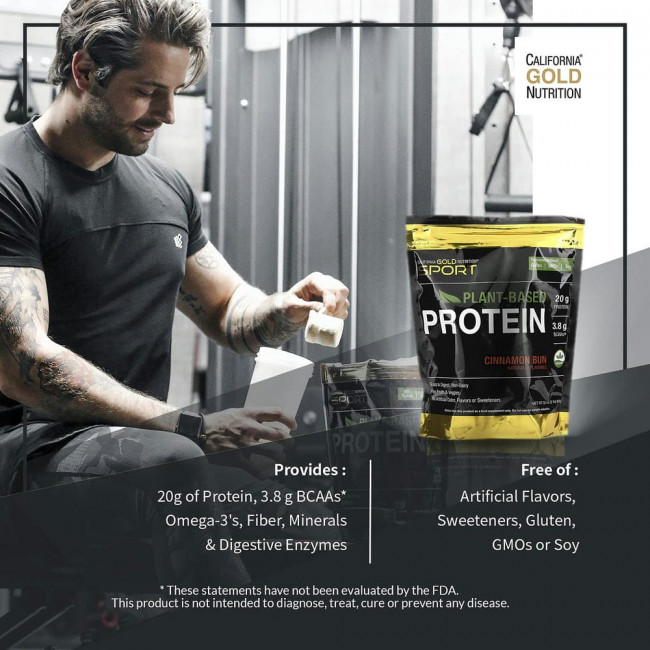 California Gold Nutrition, растительный протеин со вкусом булочки с корицей, веганский, легкоусвояемый, 908 г (2 фунта)
