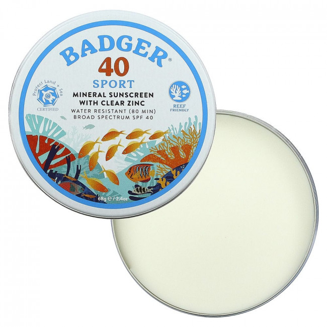 Badger Company, минеральный солнцезащитный крем с чистым цинком, подходит для занятий спортом, SPF 40, без запаха, 68 г (2,4 унции) Badger Company, минеральный солнцезащитный крем с чистым цинком, подходит для занятий спортом, SPF 40, без запаха, 68 г (2,4 унции)