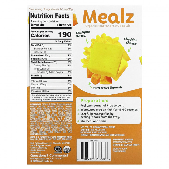 Sprout Organics, Mealz, органические разогреватели в мисках, макароны и сыр из нута, 170 г (6 унций)