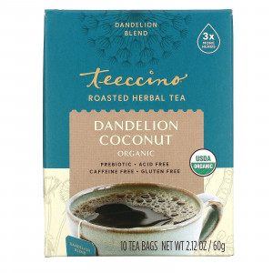 Teeccino, Органический жареный травяной чай, одуванчик и кокос, без кофеина, 10 чайных пакетиков, 2,12 унции (60 г)