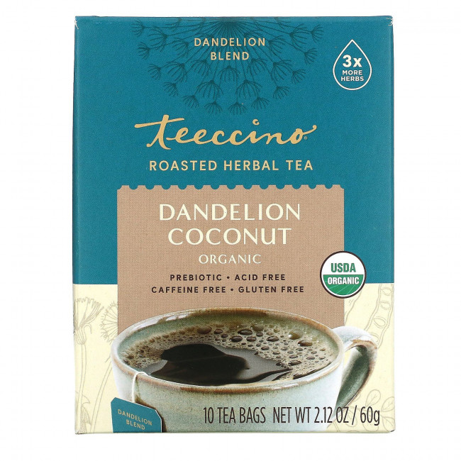 Teeccino, Органический жареный травяной чай, одуванчик и кокос, без кофеина, 10 чайных пакетиков, 2,12 унции (60 г) Teeccino, Органический жареный травяной чай, одуванчик и кокос, без кофеина, 10 чайных пакетиков, 2,12 унции (60 г)