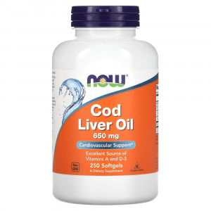 NOW Foods, Cod Liver Oil, 650 мг, 250 мягких желатиновых капсул NOW Foods, Cod Liver Oil, 650 мг, 250 мягких желатиновых капсул